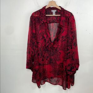 Catherines Red and Black Oversized Blouse pullover v neck sheer size 4X